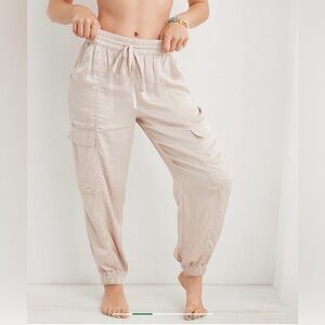 Aerie Cream Satin Cargo Joggers